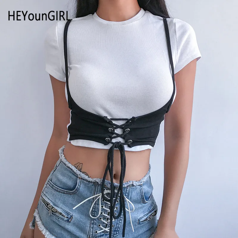 

HEYounGIRL Punk Harajuku White T-shirt Woman Fake Two Pieces Crop Top Women Casual Patchwork Ladies T Shirt Tie Up Cotton Summer