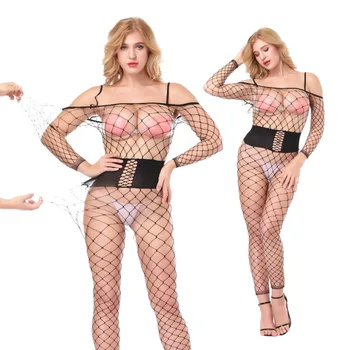 

Plus size fishnet body stockings fantasy sexy lingerie erotic open crotch Corset bodysuits for women sleeve mesh tight appeal