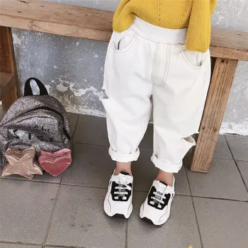 

Kids Jeans Fashion Korean Hole Pants for Girls Elastic Waist Loose Casual Boys Trousers 2 3 4 5 6 Years Toddler Baby Denim Pants