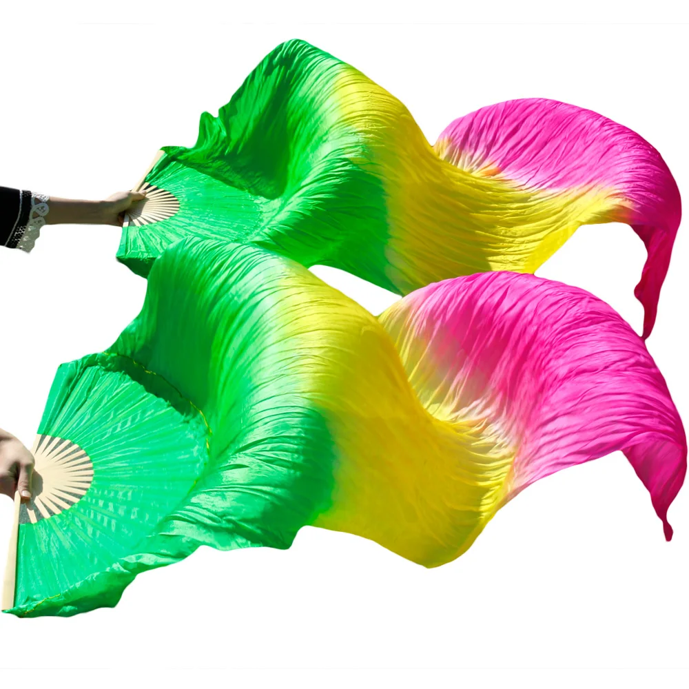 Высокое качество 100% шелк ручной работы окрашенный шелк танец живота вентиляторы реквизиты для танцев шелковые вееры 1 пара зеленый + желтый