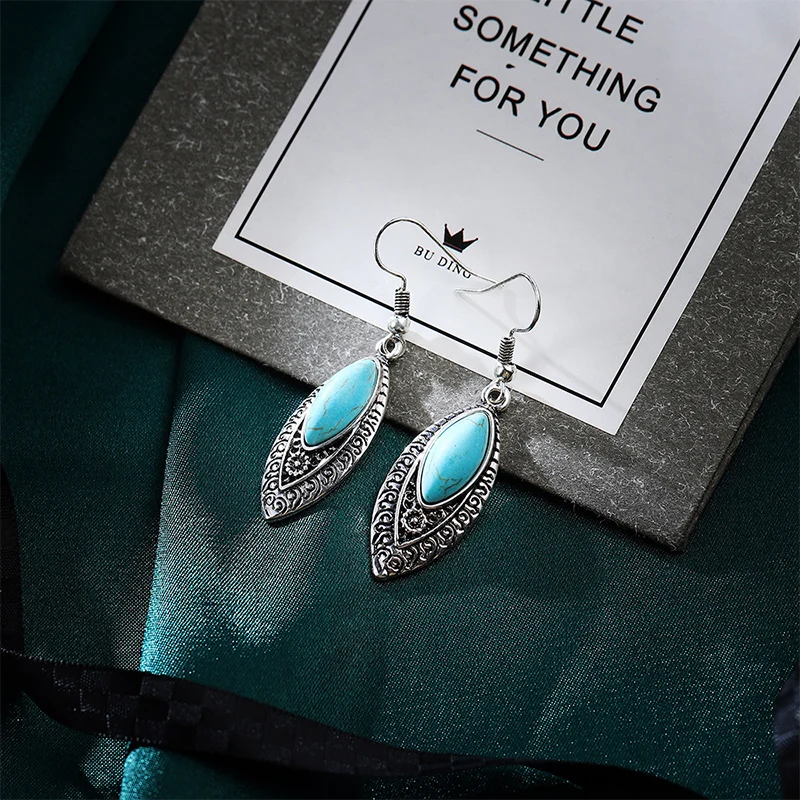 Винтажные персонализированные этнические длинные серьги с узором, натуральный голубой бирюзовый камень, серьги для женщин, свадебные украшения, подарок