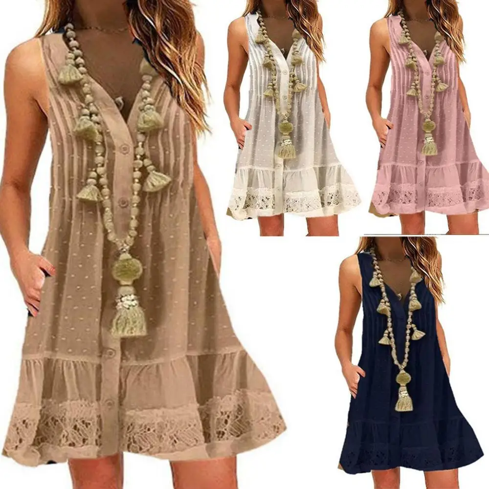 

2019 Summer Women Dress Fashion Women Summer V-Neck Solid Sleeveless Beach Cool Dress Loose vestidos robe femme Plus Size