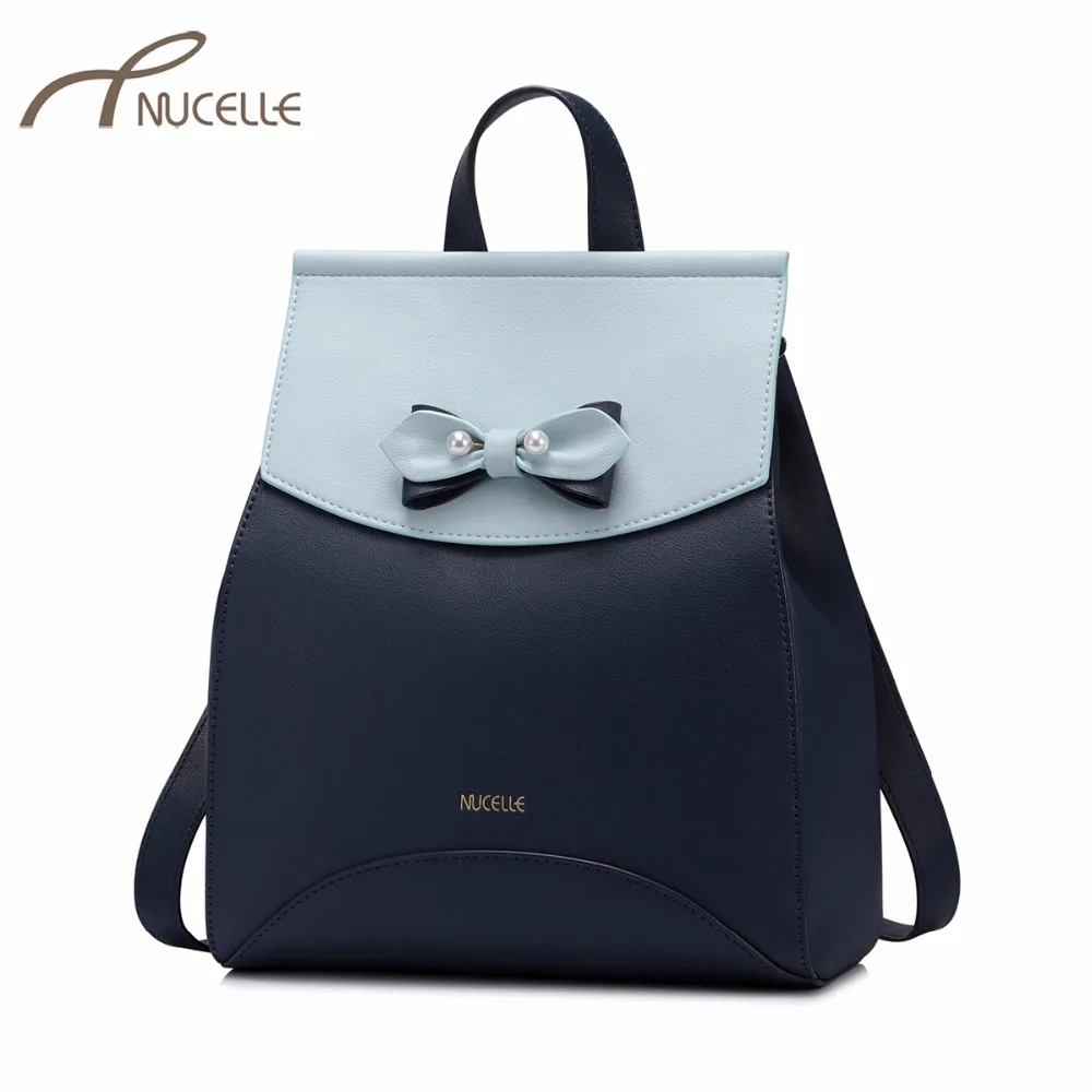 

NUCELLE Women's PU Leather Backpack Ladies Fashion Brief Double Shoulder Bags Female Leisure Patchwork Bow All-match Rucksack