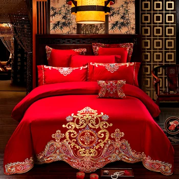 

Egyptian Cotton Luxury Red Chinese Wedding Bedding set King Queen size Premium Embroidery Bed set Duvet cover Bed sheet set