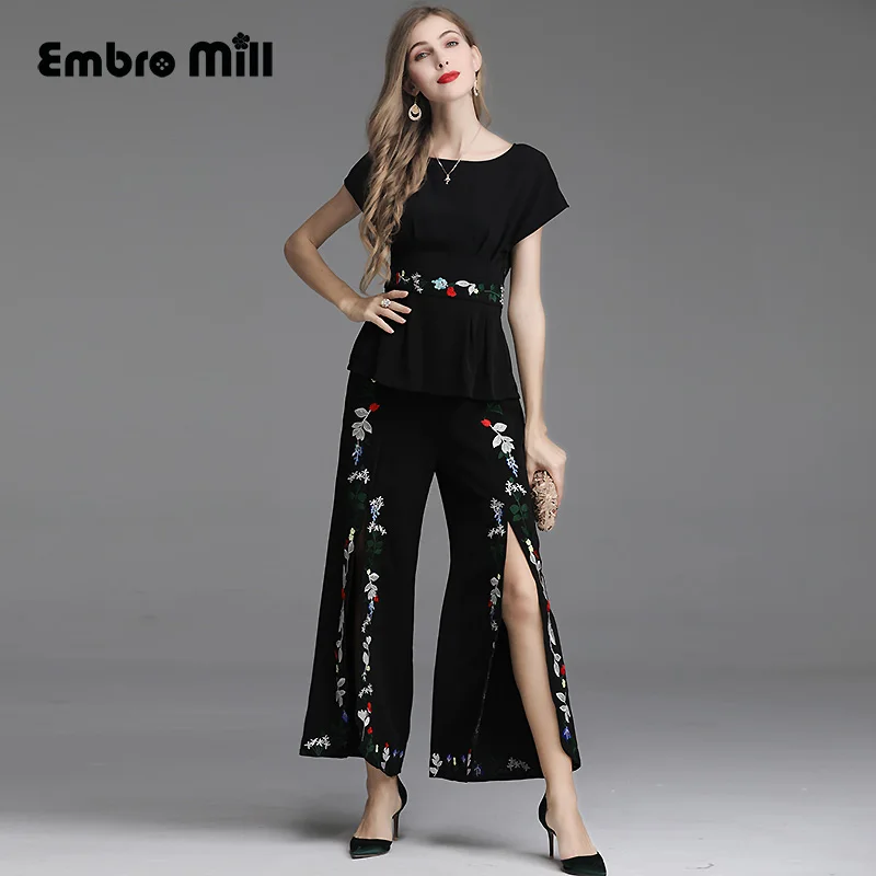

High-end women set vintage embroidery Slim shirt top + black Wide leg pants flowers elegant lady casual fashion suit set S-XXL