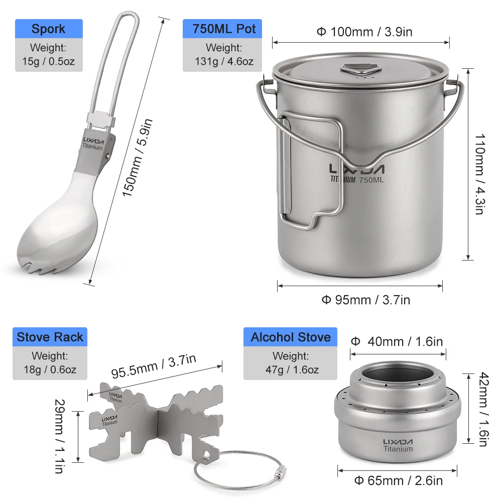 Lixada, 5 шт., набор посуды для пикника, 450 мл/750 мл, горшок, спиртовая плита, крестовая подставка, складная стойка, Спортивная и ветровое стекло