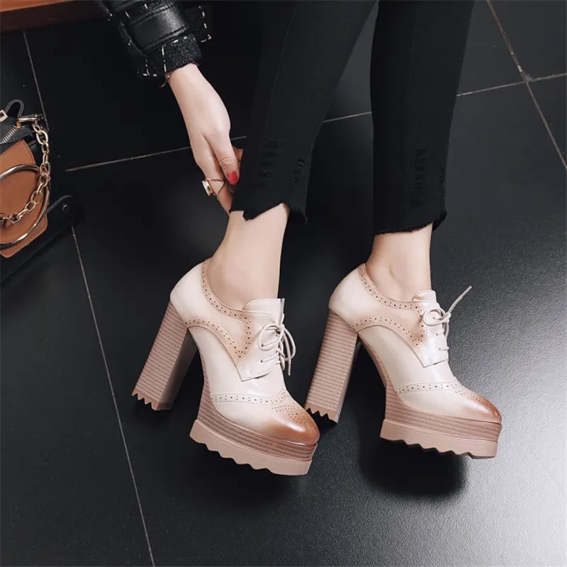 2019 Spring Fashion Women Pumps Platform Heels Rubber Black Lady Casual Brogue Shoes Leather Lacing High Heels Footwear Big Size (17)