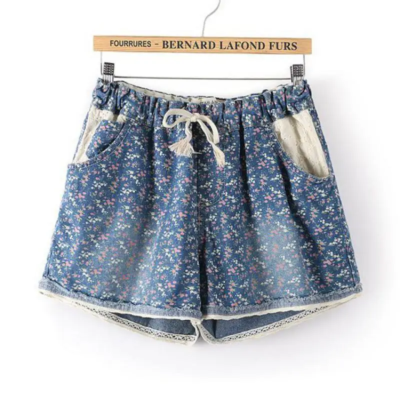 

2019 New The Korean Version Spring And Summer Floral Leisure Loose Thin Elastic Waist Drawstring Size Denim Shorts