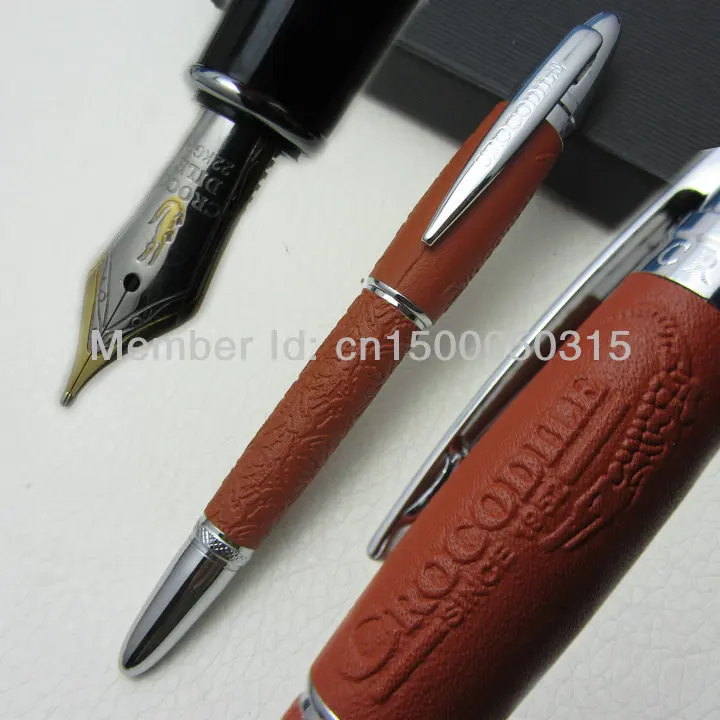 CROCODILE FOUNTAIN PEN COFFEE COLOR LEATHER ON SURFACE 22KGP MEDIUM ...