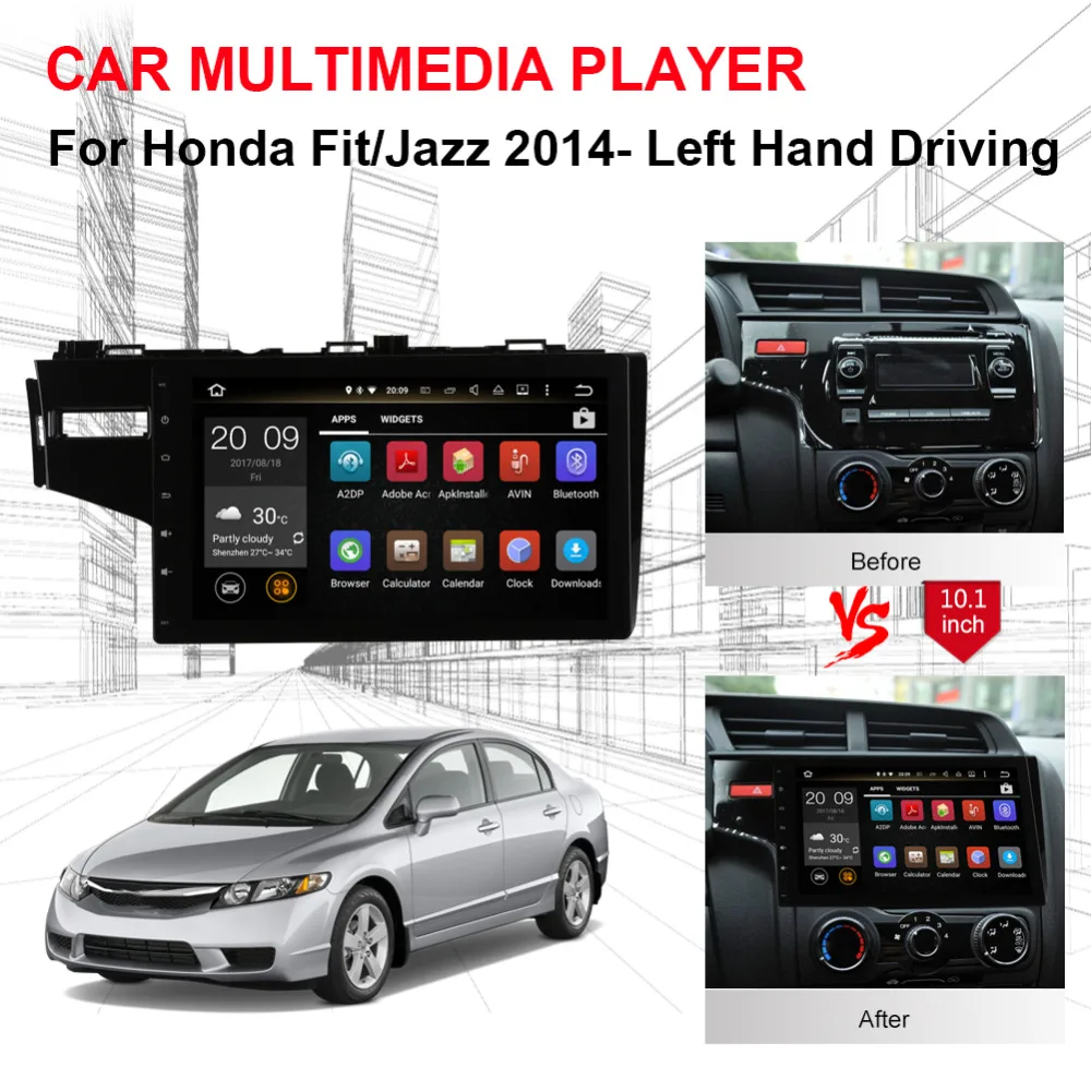 Perfect 10.1 Inch Android 8.0 Octa Core 4GB RAM IPS Screen Car Radio Stereo For Honda Fit/Jazz 2014- Left Hand Driving Video Player Wifi 0