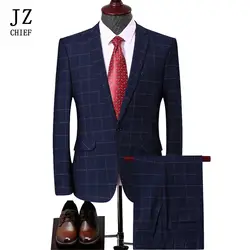 JZ главный мужские свадебные костюмы корейский Модный деловой костюм облегающая в клетку Блейзер по центру спины костюм из 2 предметов