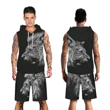 Комплект из 2 предметов, Голова Золотого Льва, спортивные костюмы, мужские шорты, толстовка с забавным принтом, с капюшоном+ шорты, 3D спортивный костюм