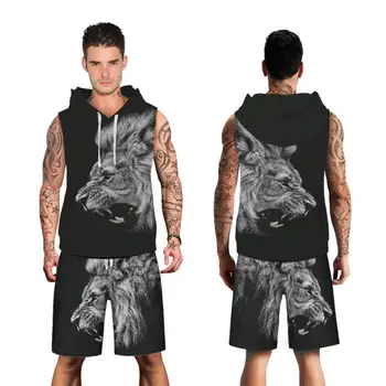 

New 2 Piece Set Animal Lion Head Sportwear Suits Men Shorts Sweatshirt Funny Print Hooded + Shorts 3D Tracksuit