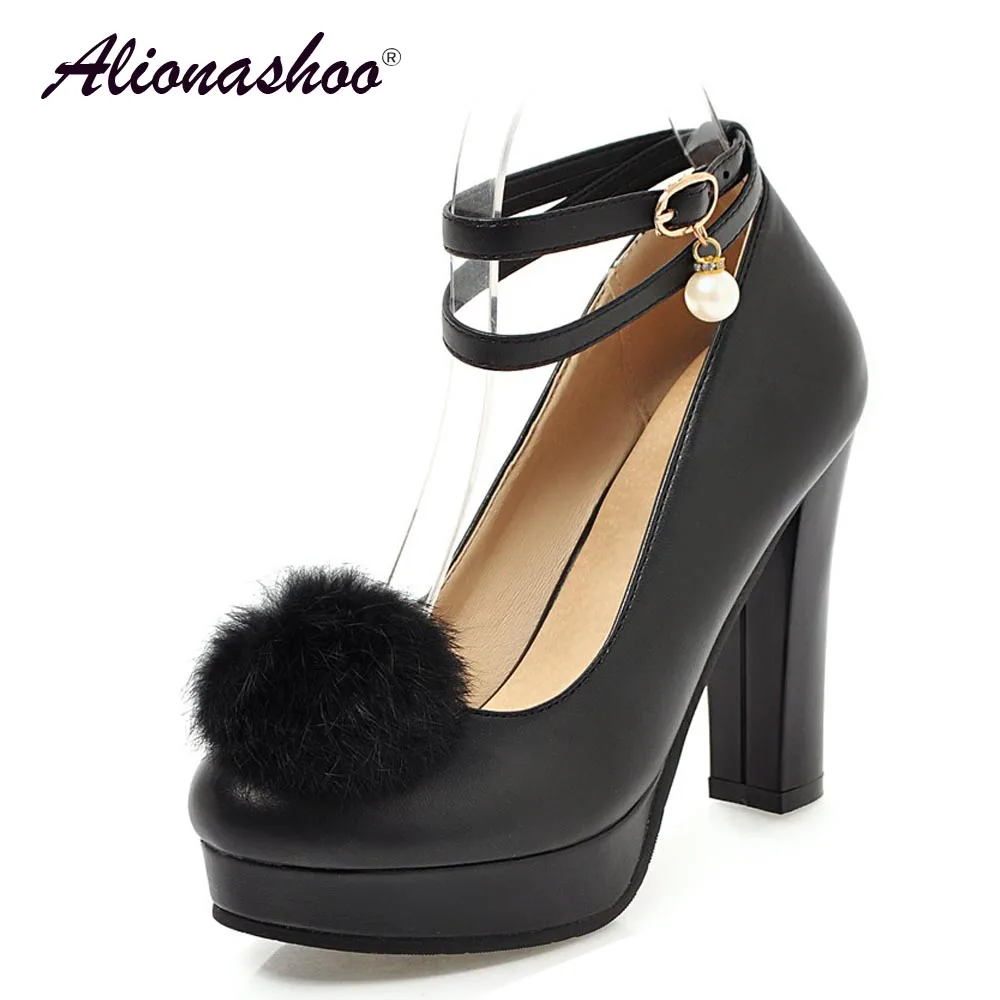 

Women Dress Shoes With Ball Fur Buckle Strap High Heels Platform Women Round Toe Ankle Strap Shoes Ladies Black Large Size 34-46