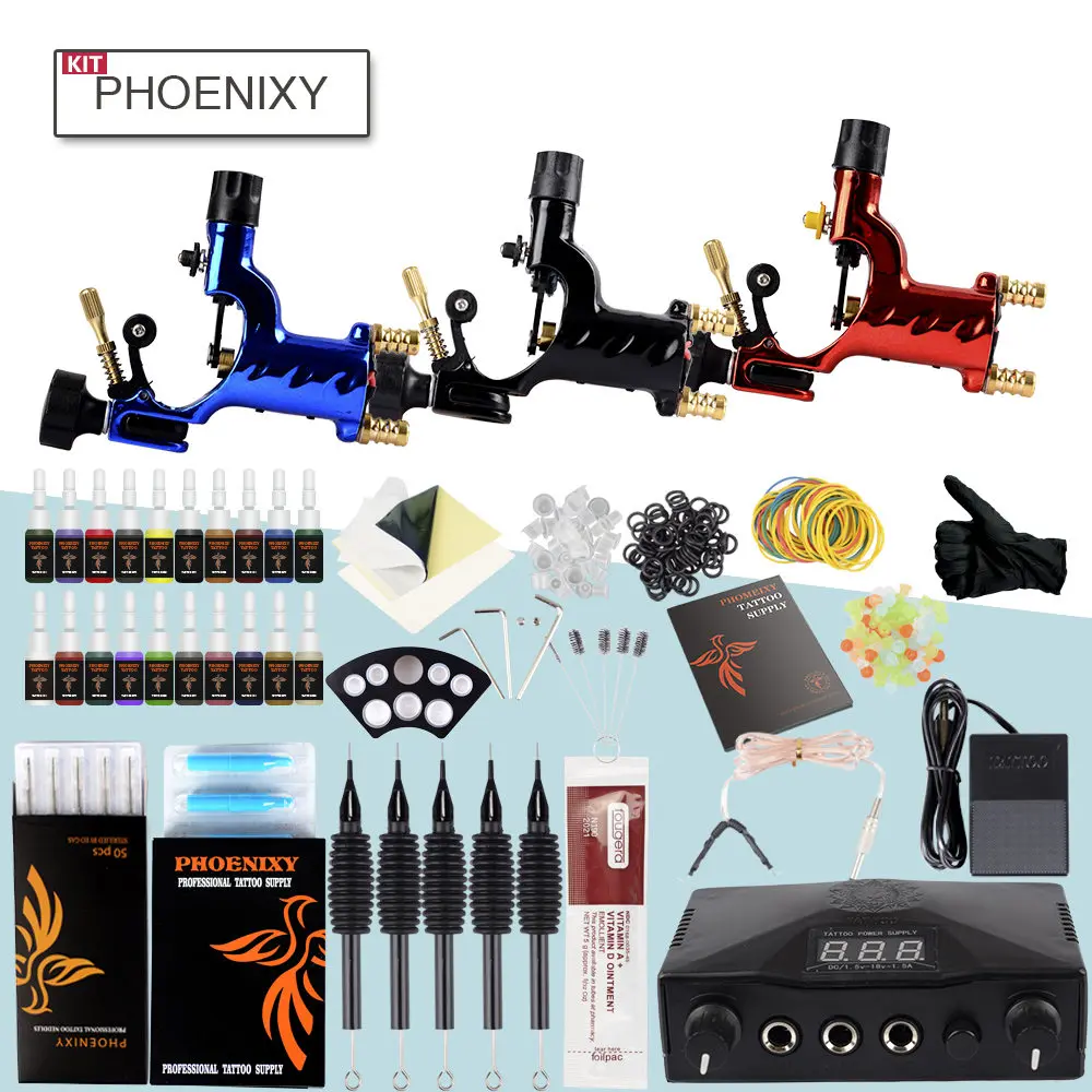 

Professional Tattoo Machine Kit Set 3 Machine Guns 20Colors Pigment Inks Sets Black Power Tattoo Needles Kit Permanent Makeup