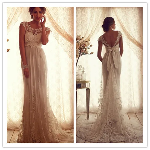 

2015 Sheath Wedding Dresses Scoop Sleeveless Backless with Bow Sweep Train Lace and Applique 2016 Retro Bridal Dresses Gowns