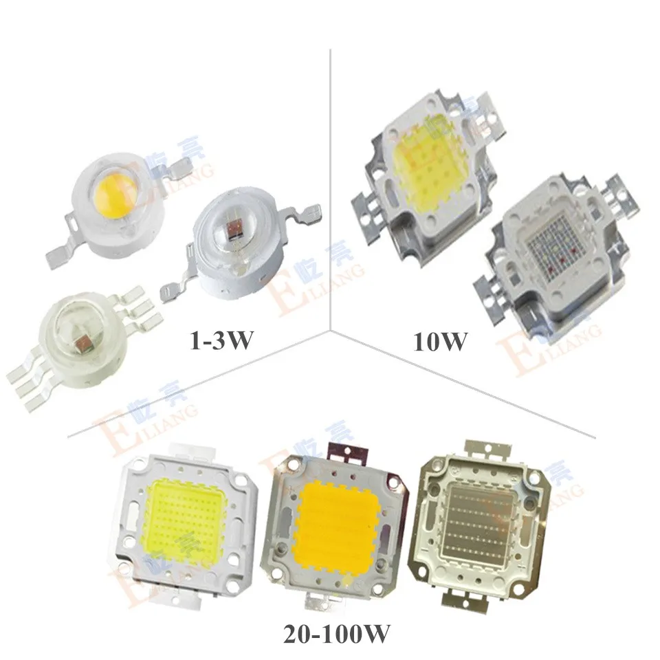 Высокомощный светодиодный чип 1 Вт 3 Вт 10 Вт 20 Вт 30 Вт 50 Вт 100 Вт COB SMD светодиодный Теплый Холодный белый RGB Красный Синий Зеленый светодиодный прожектор