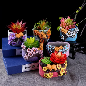 

Plum embossed Flower Pots for Succulents Cactus Plants Mini Pot Planter China stype Pots Tray Home Garden Decoration