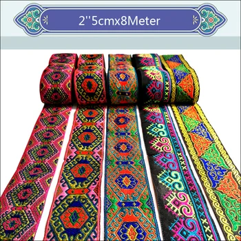 

2" 5CMx8Meter High quality luxury handmade webbing National wind embroidery lace Polyester Woven Ribbon DIY Cloth Accessories