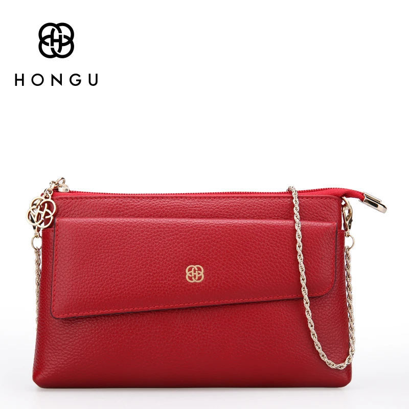 

HONGU 100% Genuine Leather Women Handbags Shoulder Bag Chains Envelope Lady Evening Crossbody Package Wristlets Purs Clutch Bags