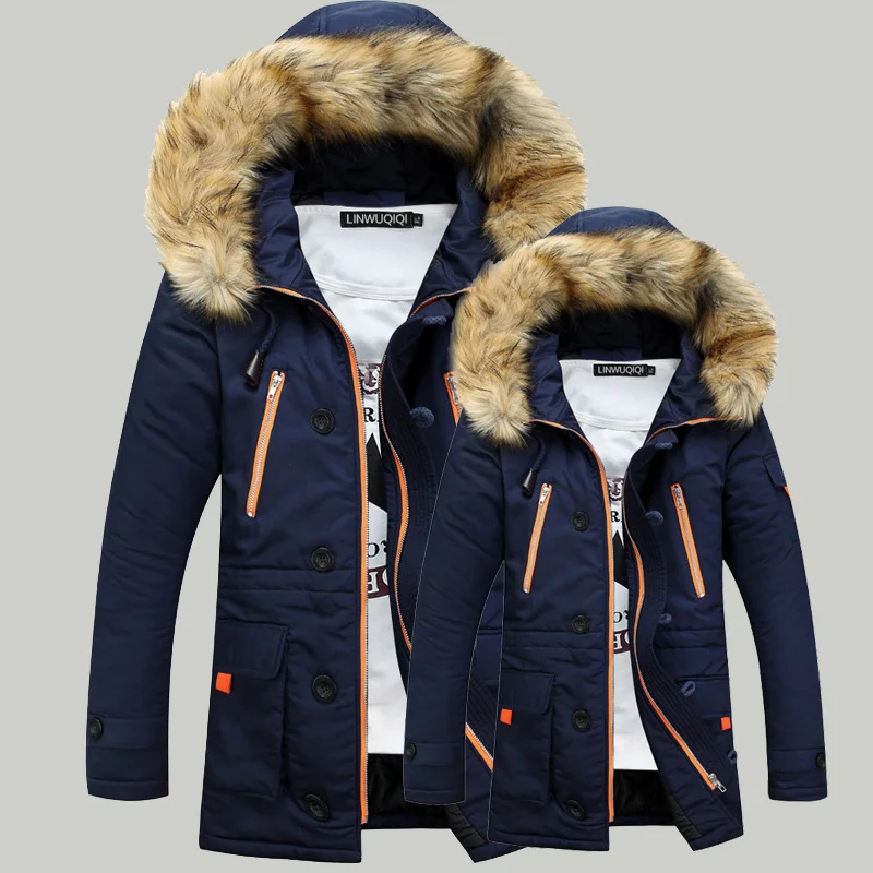 Men's Thickening Parkas Winter Jacket Coats Outerwear Fur Collar Casual Long Cotton Wadded Hooded Coat