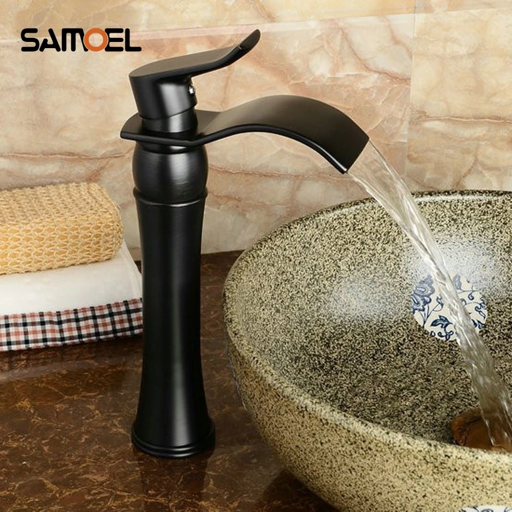 High Bathroom Black Basin Faucet Brass & Black Widespread Waterfall Mixer Tap Black Waterfall