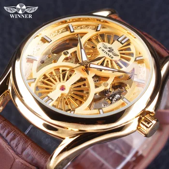 

Winner Golden Luxury Open Work Design Brown Genuine Leather Men Watch Top Brand Luxury Automatic Mechanical Male Wristwatches