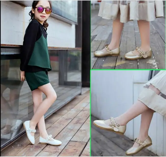 Bow Girls Shoes White Black Gold Princess Kids Students Shoes Children 's Flower Baby Dance Wedding Perform Shoe 21-36