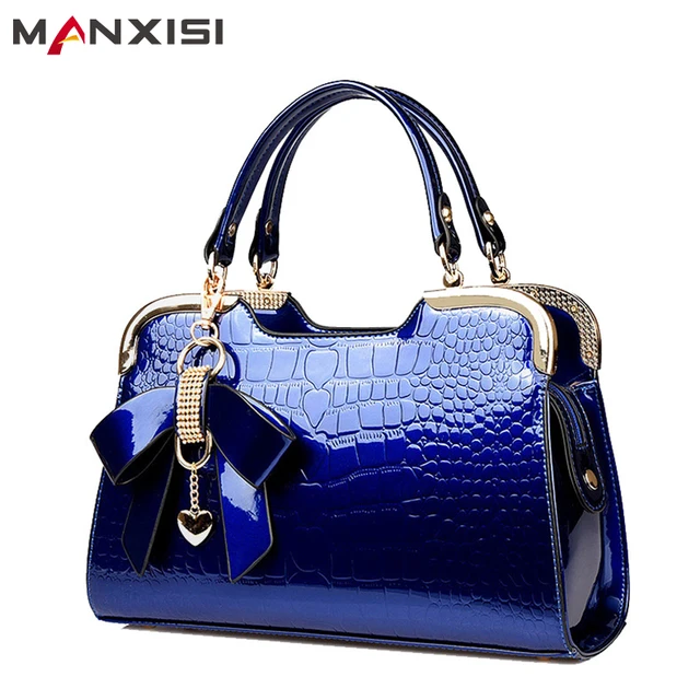 Manxisi Brand Women Top Handle Bags Las Leather Handbags With Bow Manxisi Brand Women Top Handle Bags Las Leather Handbags With Bow Blue Patent Hard
