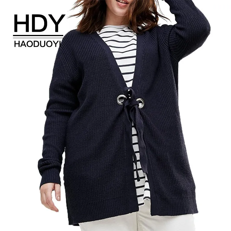 

HDY Haoduoyi 2019 New Fashion Size Simple Versatile Loose Cardigan Round Hole Straps Ridge Line Simplicity Elegant Sweater