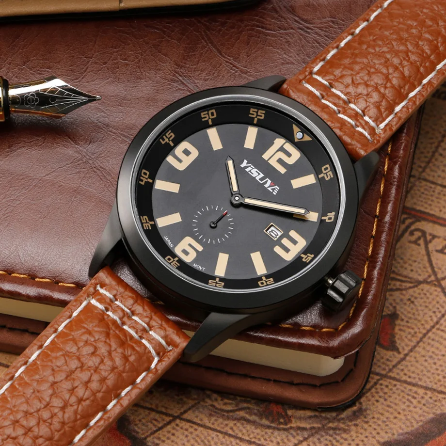 YISUYA Men's Sports Watch Luxury Date Genuine Leather Brown Wrist Watches Male Pilot Military Japan Quartz Watch Relojes  (14)