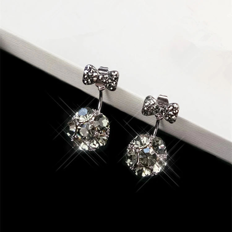 

2019 Fashion Drop Earrings for Women Front & Back Post-hanging Earrings Round Black Bowknot Crystal Earrings Jewelry Girl Gifts