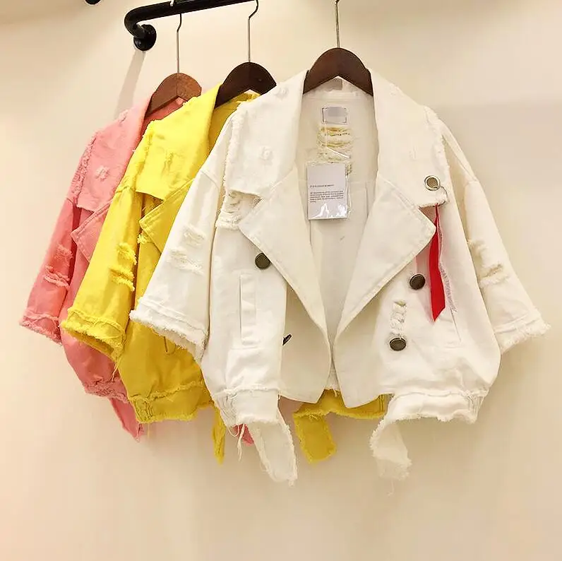 2018 Lettres Courte Jeans allumette Printemps Veste Femmes Femelle jaune De Tout Trous Rose Lâche Nouveau Ruban Manteau blanc Outwear Denim rxqrzpY1w