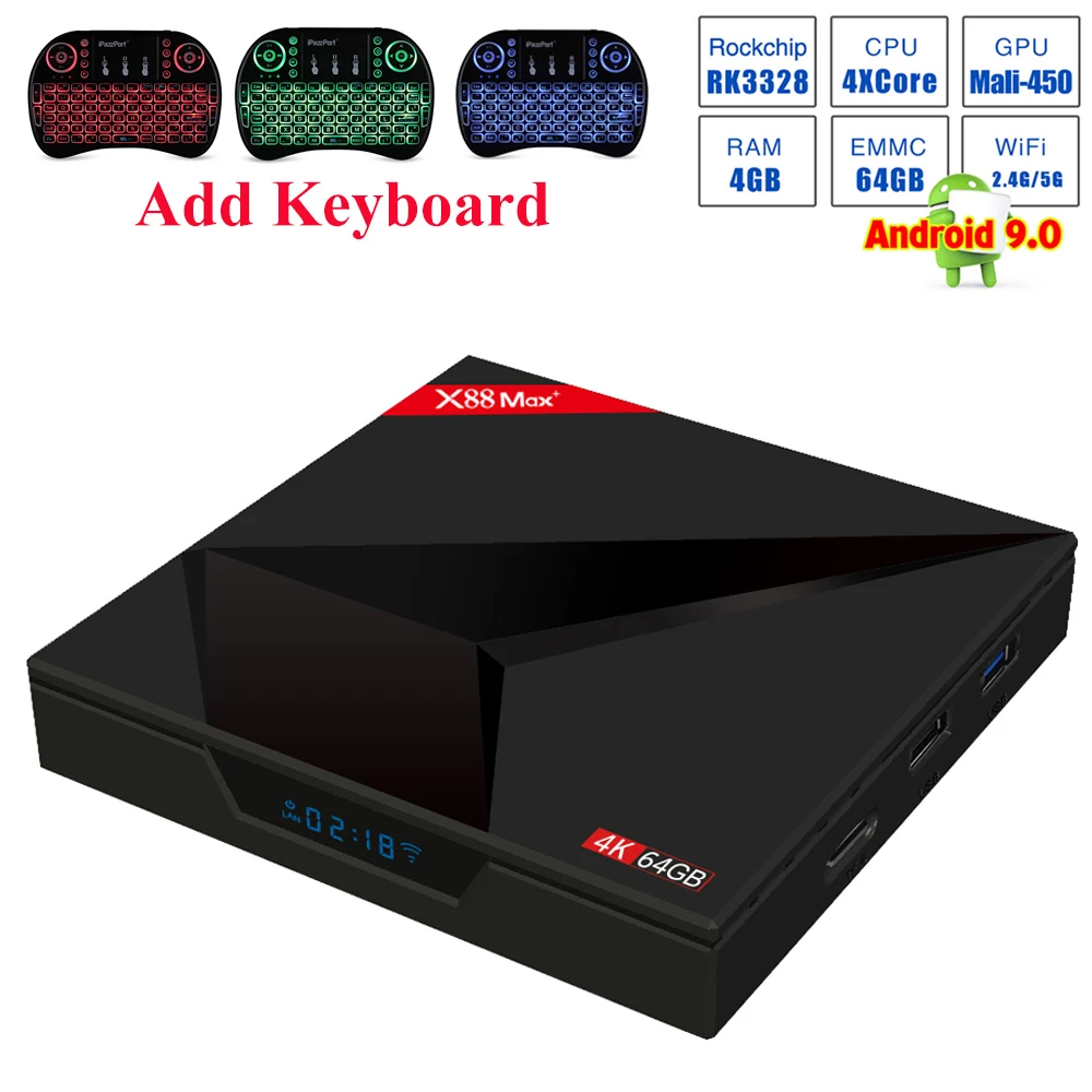 

X88 MAX+ Smart TV Box Android 9.0 RK3328 4GB DDR3L 64GB EMMC 2.4GHz 5GHz WiFi BT4.0 Support 4K H.265 HD Set Top TV Box