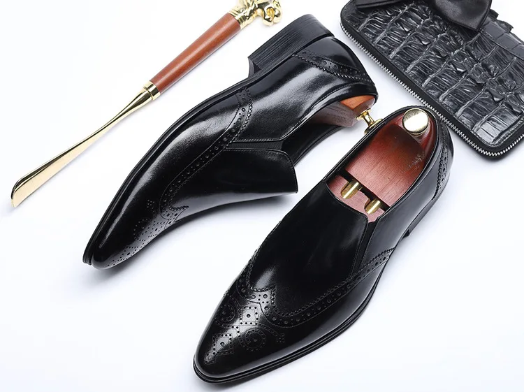 QYFCIOUFU Fashion Business Men Formal Shoes Pointed Toe Slip On Men Dress Shoes Genuine Leather Office Shoe Vintage Brogue Shoes