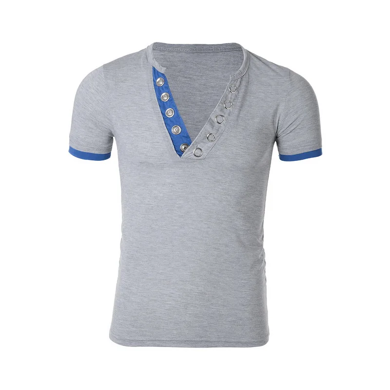

SHUJIN 2019 Summer Men Refreshing Casual Short-Sleeved T-shirt Solid Matching V-neck Buckle Thin Section T-Shirt Tops