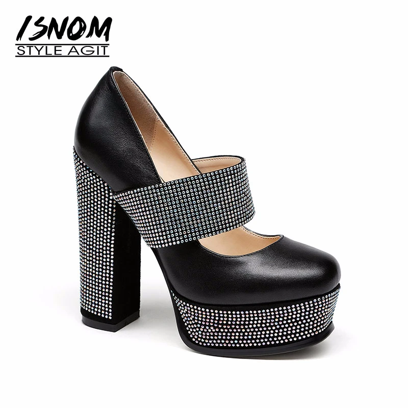 ISNOM 2018 Mary Jane High Heels Women Pumps Spring Platform Female Party Shoes Square Toe Bling Block Heeled Stitching Footwear цена ISNOM 2018 Mary Jane High Heels Women Pumps Spring Platform Female Party Shoes Square Toe Bling Block Heeled Stitching Footwear цены онлайн