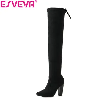 

ESVEVA 2018 Women Boots Concise Over The Knee Boots Western Style Pointed Toe Autumn and Winter Zipper Ladies Shoes Size 34-39