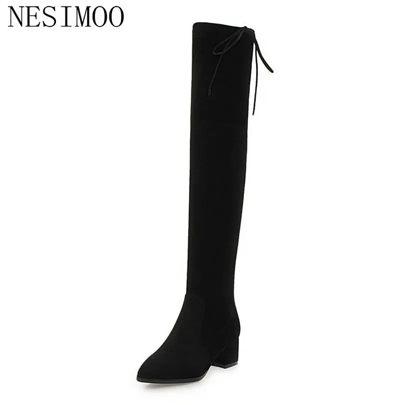 

NESIMOO 2019 Women Shoes Over The Knee Boots Square Med Heel Sock Boots Stretch Fabric+Flock Ladies Motorcycle Shoes Size 34-43