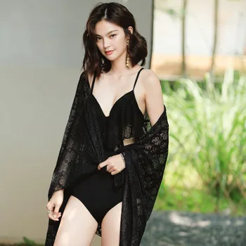 

One-piece swimsuit female small breasts together steel bracket backless covered belly show thin veil two-piece bathing suit