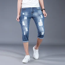 Новое поступление, модные высококачественные Легкие синие джинсы мужские тонкие шорты с дырками для ног летние тонкие повседневные шорты, большие размеры 28-33 34 36 38