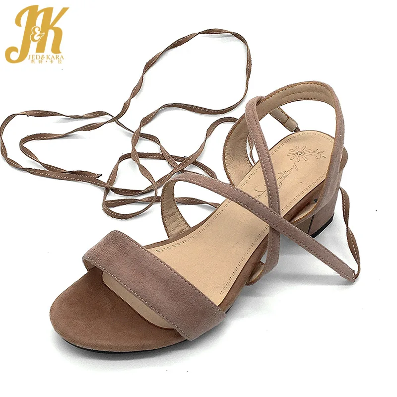 

JK 2018 New Summer Thick Med Heels Sandals Women Square Heels Open Toe Flock Footwear Fashion Cross Strap Ladies Gladiator Shoes