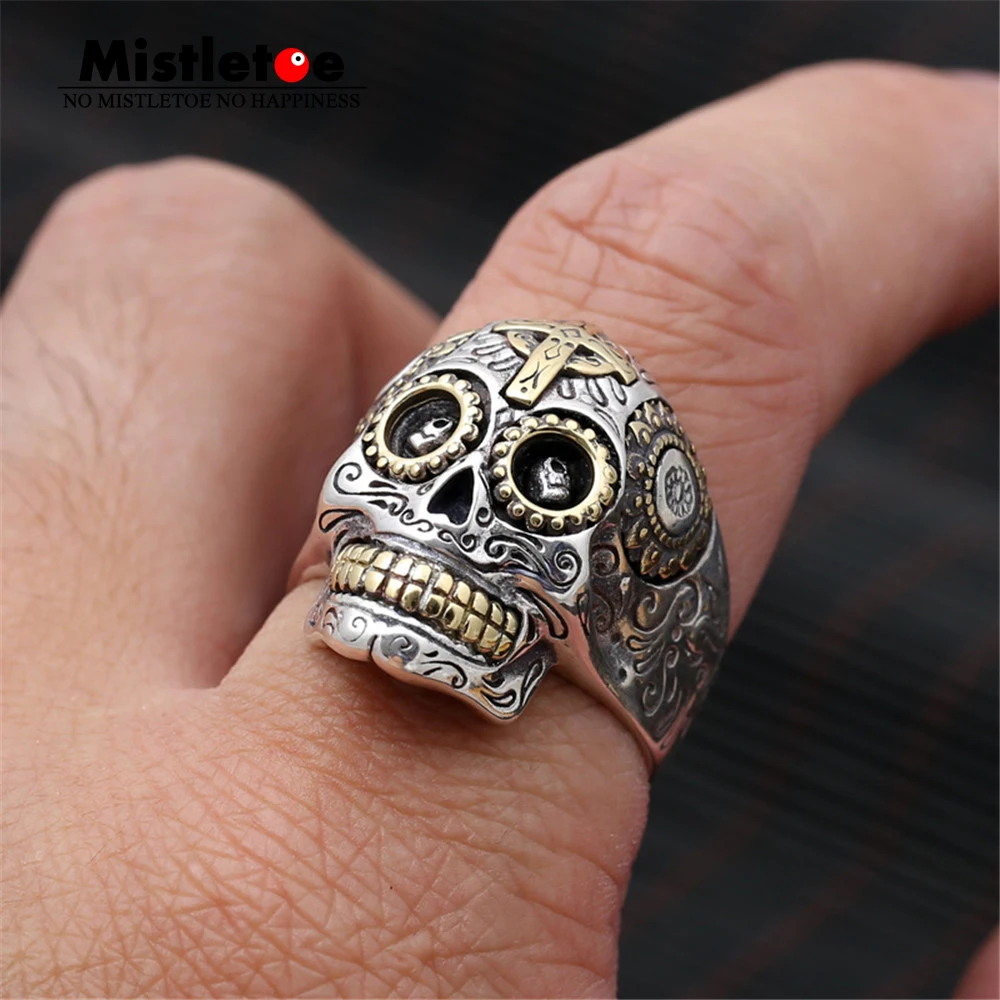 

Genuine 100% 925 Sterling Silver Vintage Punk Locomotive Lucky Skull Ring For Women Men Fashion Jewelry