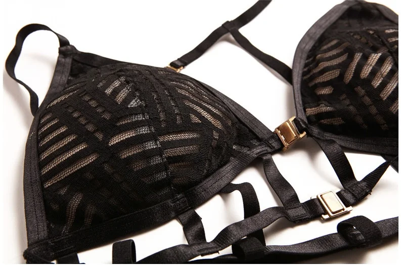 Unique Hollow out Sexy Bra Set Elegant Ribbed Lace Bralette Transparent Panties Underwear Women Bras Front Closure Lingerie Sets