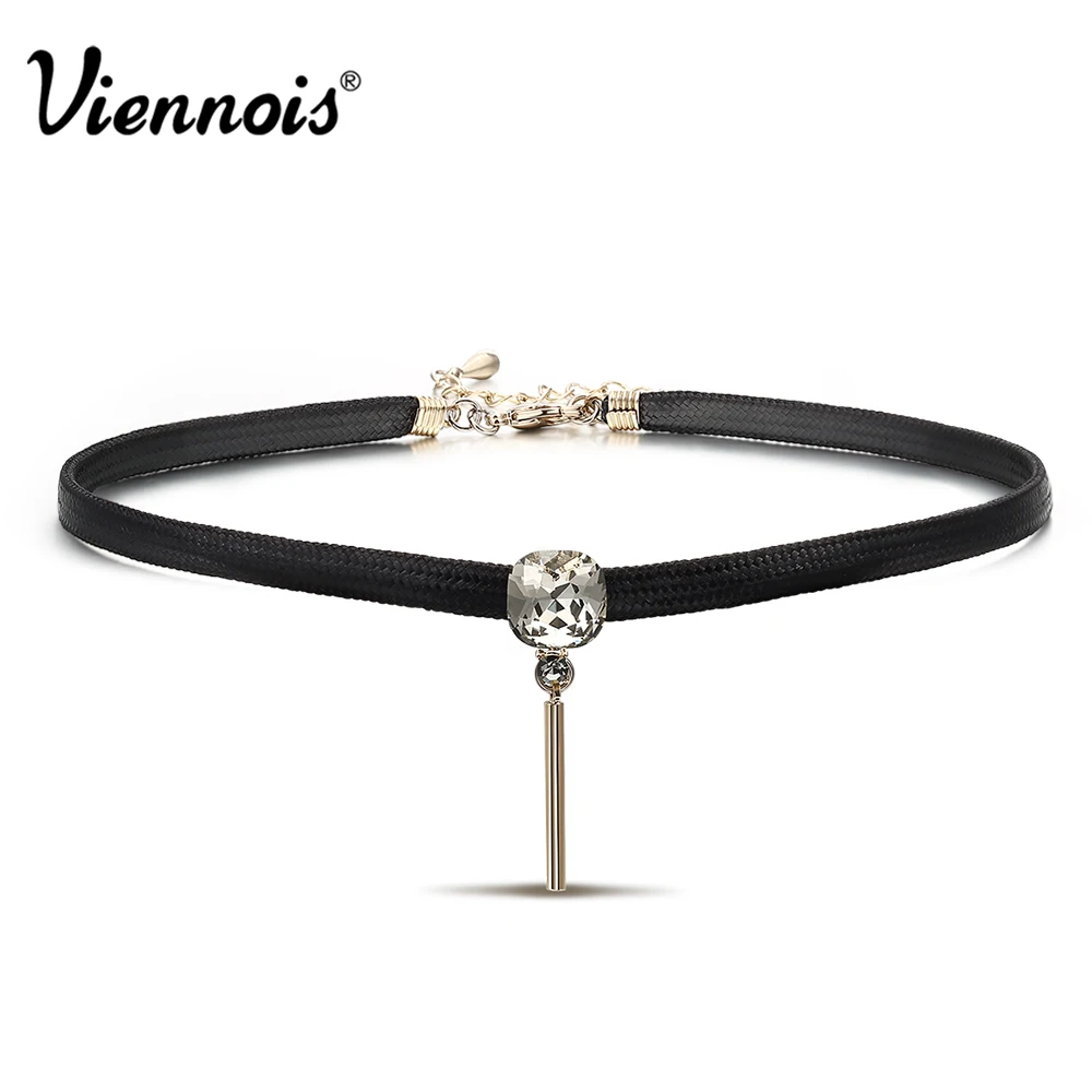 

Viennois Light Gold Color Women Choker Necklaces White Crystal Rhinestone Pendant Black Leather Chokers Trendy Chain Necklaces