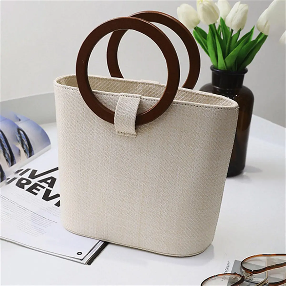 

Aequeen New Rattan Bag Women Summer Straw Bag Fashion Bohemia Beach Bag Hand-woven Solid Wood Wild Shoulder Messenger Bag Bolso