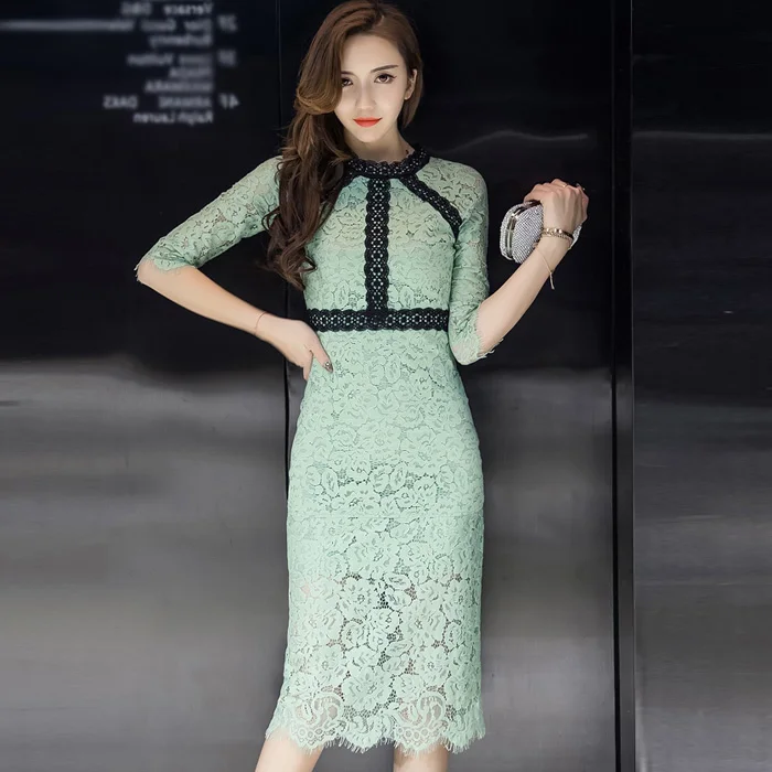 

HAMALIEL Summer Women Lace Bodycon Dress New 2019 Fashion Green Pahtchwork Crochet Pencil Dress Vintage Slim Hollow Out Dress
