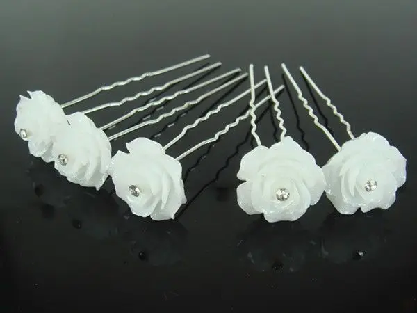 

50PCS FASHION WEDDING BRIDAL WHITE ROSE FLOWER CRYSTAL HAIR PINS PROM