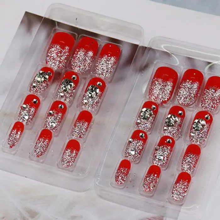 Блестящие стразы для невесты, накладные ногти красного цвета, 3D блестящие накладные ногти для свадебной вечеринки, модные украшения с клеем