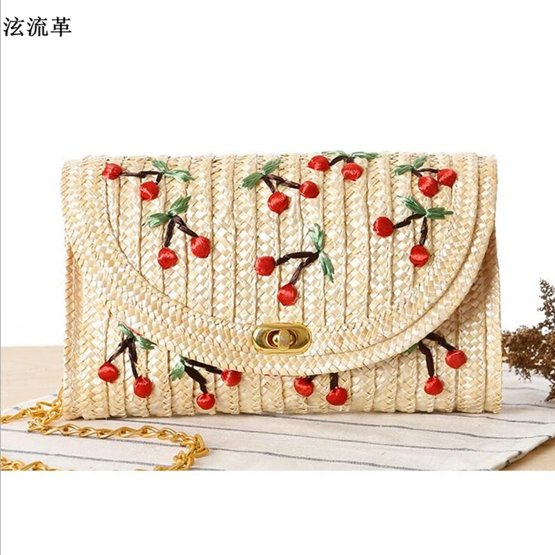 

Mori Female Japan Hot Fruit Straw Beach Bag Handmade Cherry Embroidery Women Messenger Bag Rattan Shoulder bag